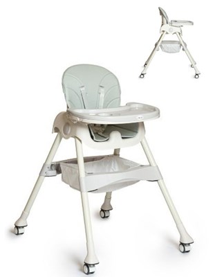 Silla alta y baja con doble bandeja. Posición fija y plegado compacto. Cinturón arnés de 5 puntos. Tapizado de ecocuero lavable. 4 riedas. LOVE