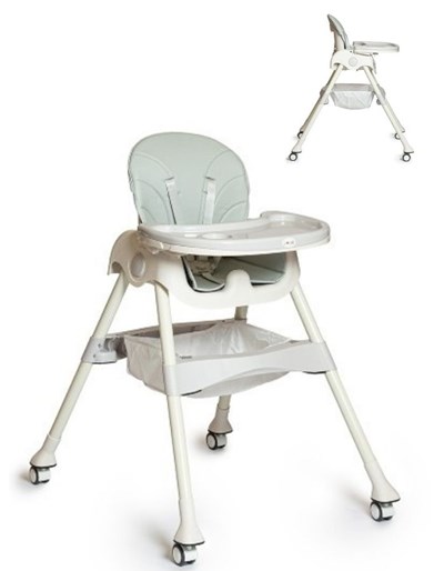 Silla alta y baja con doble bandeja. Posición fija y plegado compacto. Cinturón arnés de 5 puntos. Tapizado de ecocuero lavable. 4 riedas. LOVE