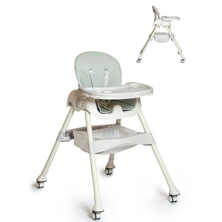 Silla alta y baja con doble bandeja. Posición fija y plegado compacto. Cinturón arnés de 5 puntos. Tapizado de ecocuero lavable. 4 ruedas. LOVE