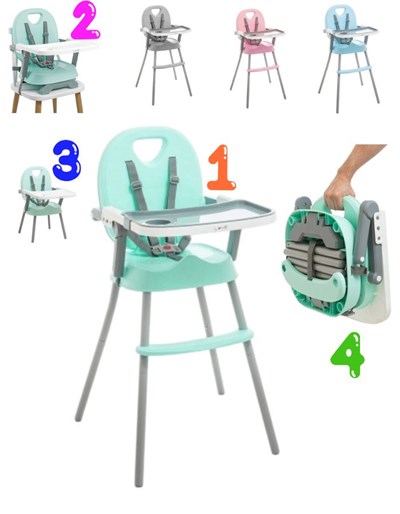 Silla de comer 3 en 1: Alta, baja y booster. Plegado compacto con espacio dentro para las patas.Doble bandeja extraíble con posiciones. LOVE