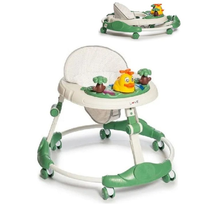 Andador musical con plegado compacto sencillo, 4 posiciones de asiento y 2 de altura.Love