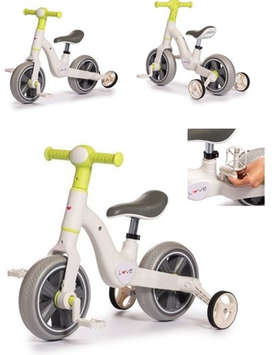 TRICICLO CAMICLETA 2 EN 1. Rueditas de ayuda plegables. Pedales extraíbles. Altura ajustable. Con música y luz. Lleva 2 pilas AAA (no incluidas). para niños desde 2 años. LOVE
