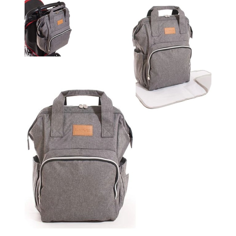 Mochila maternal con cambiador. 1 Bolsillo frontal externo con compartimiento térmico.• 2 Bolsillos laterales portamamaderas.• 3 Bolsillos internos con compartimientos térmicos.• Ganchos para co
