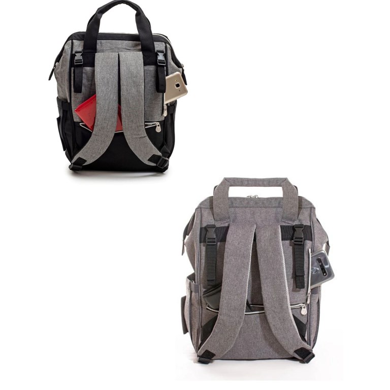 Mochila maternal con cambiador. 1 Bolsillo frontal externo con compartimiento térmico.• 2 Bolsillos laterales portamamaderas.• 3 Bolsillos internos con compartimientos térmicos.• Ganchos para co