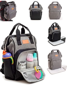 Mochila maternal con cambiador. 1 Bolsillo frontal externo con compartimiento térmico.• 2 Bolsillos laterales portamamaderas.• 3 Bolsillos internos con compartimientos térmicos.• Ganchos para co