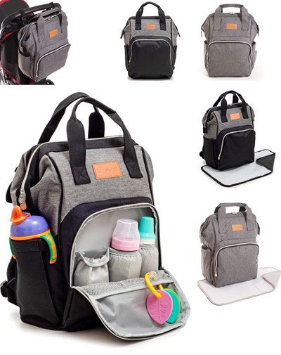 Mochila maternal con cambiador. 1 Bolsillo frontal externo con compartimiento térmico.• 2 Bolsillos laterales portamamaderas.• 3 Bolsillos internos con compartimientos térmicos.• Ganchos para co