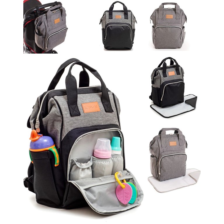 Mochila maternal con cambiador. 1 Bolsillo frontal externo con compartimiento térmico.• 2 Bolsillos laterales portamamaderas.• 3 Bolsillos internos con compartimientos térmicos.• Ganchos para co