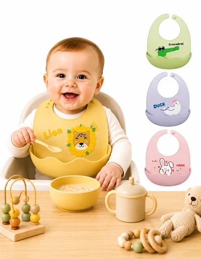 Babero de silicona con bolsillo, modelo ajustable en 4 medidas con bolsillo 3d. Love