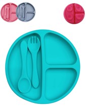 Plato de silicona con cuchara y tenedor incluye sopapa con gran adhesion. Love
