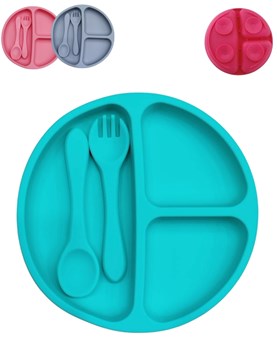 Plato de silicona con cuchara y tenedor incluye sopapa con gran adhesion. Love