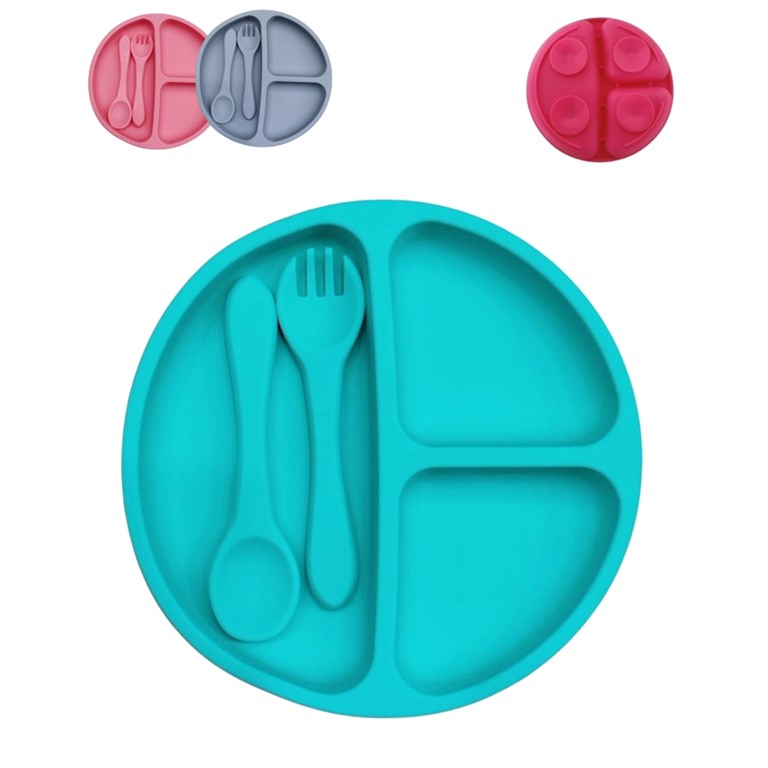 Plato de silicona con cuchara y tenedor incluye sopapa con gran adhesion. Love