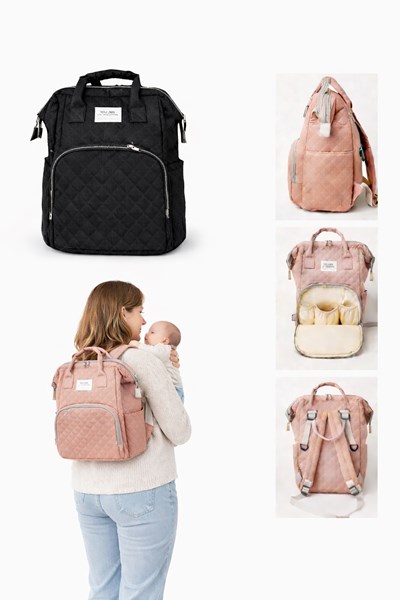 MOCHILA MATERNAL MATELASEADA, BOLSILLO TERMICO PARA MAMADERA, VARIEDAD DE COMPARTIMENTOS