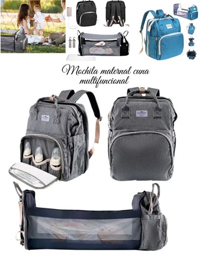 Mochila maternal CONVERTIBLE EN CUNA MULTIFUNCION. Incluye: puerto USB, bolsillo termico para mamadera. Colores: Negra-Azul-Gris