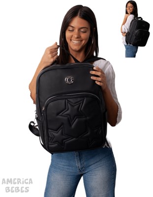 A340 MOCHILA MATERNAL JUSTINA NEGRA CON APERTURA CLASICA FABRICADA EN ECO CUERO CON GANCHO PARA COLGAR BOLSILLOS PORTAMAMADERAS TERMICO Y CAMBIADOR  DE 50X30 CM LAS FLORITAS