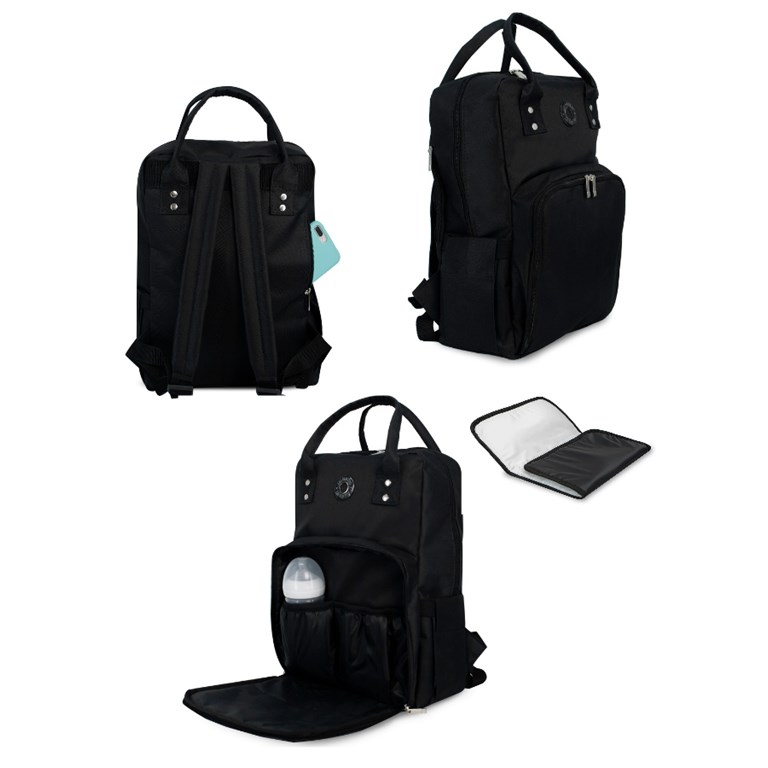 MOCHILA MATERNAL EVA NEGRA IMPERMEABLE MEDIDAS: 40 CM ALTO X 27 CM ANCHO X 14 CM BASE CON CAMBIADOR DE 50 X 30 CM LAS FLORITAS