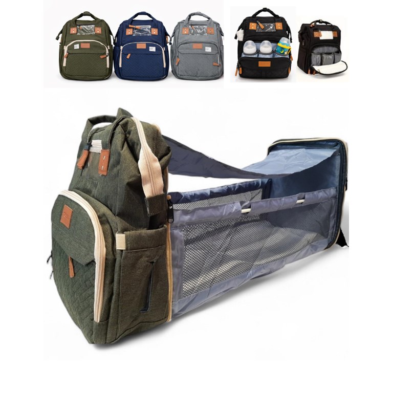 MOCHILA MATERNAL CONVERTIBLE EN CUNA MULTIFUNCION. Puerto USB, bolsillo termico para mamadera. Colores: Negra-Gris-Azul-Verde