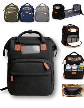 MOCHILA MATERNAL CONVERTIBLE EN CUNA MULTIFUNCION. Puerto USB, bolsillo termico para mamadera. Colores: Negra-Gris-Azul-Verde