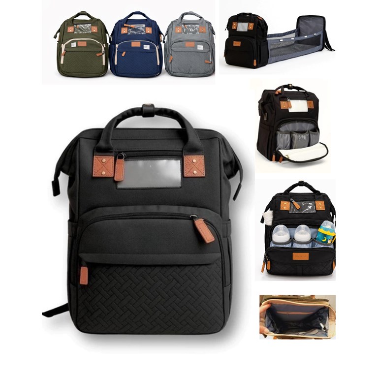 MOCHILA MATERNAL CONVERTIBLE EN CUNA MULTIFUNCION. Puerto USB, bolsillo termico para mamadera. Colores: Negra-Gris-Azul-Verde