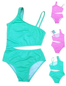 Malla entera de nena corte diagonal tela lurex.Terra nature