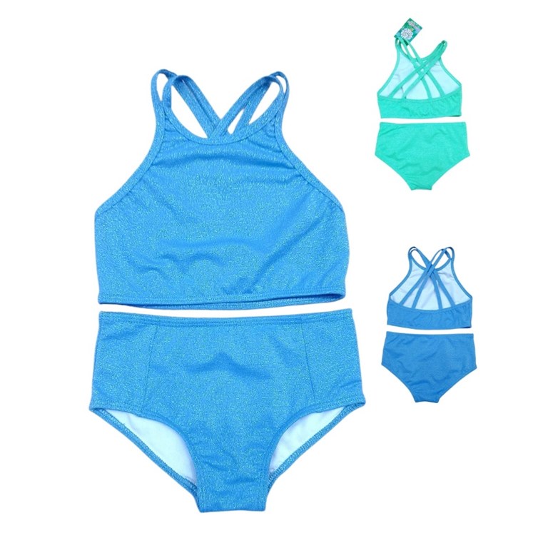 Bikini de nena con top alto al cuello y bombacha de lurex.Terra Nature