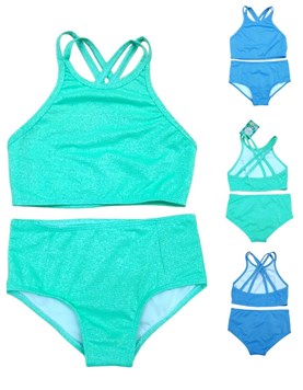 Bikini de nena con top alto al cuello y bombacha de lurex.Terra Nature