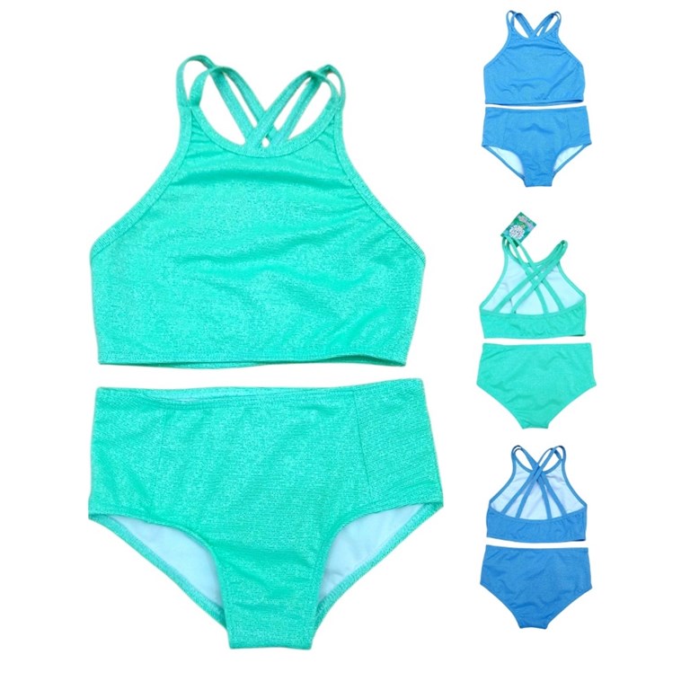 Bikini de nena con top alto al cuello y bombacha de lurex.Terra Nature
