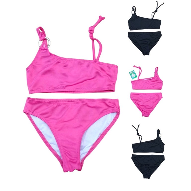Bikini de nena con top un hombro con argolla tela canelon lisa.Terra Nature