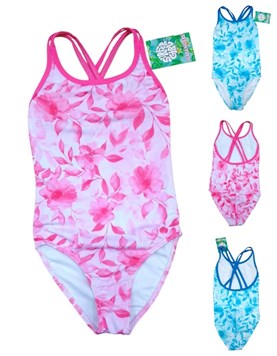 Malla entera tiras cruzadas con flores acuareladas para nena.Terra Nature