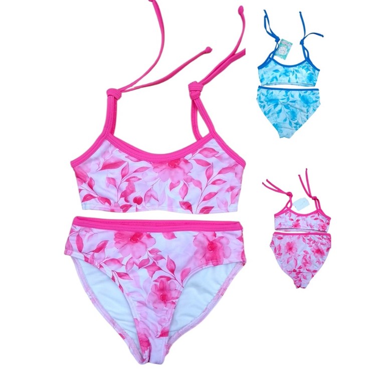 Bikini de nena con top flores acuareladas y breteles con tiritas.Terra Nature
