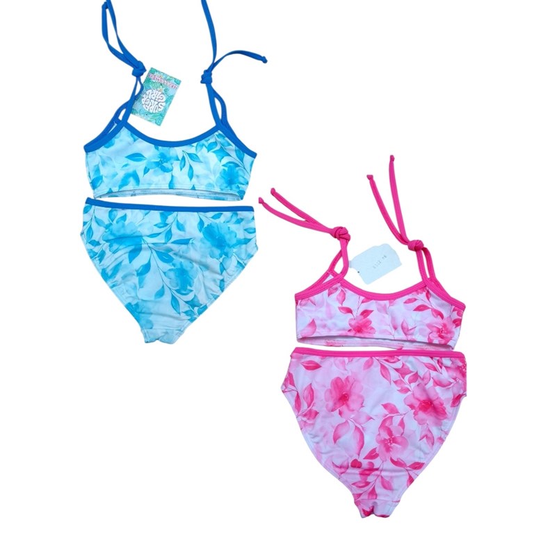 Bikini de nena con top flores acuareladas y breteles con tiritas.Terra Nature