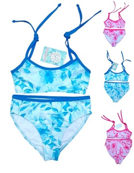 Bikini de nena con top flores acuareladas y breteles con tiritas.Terra Nature