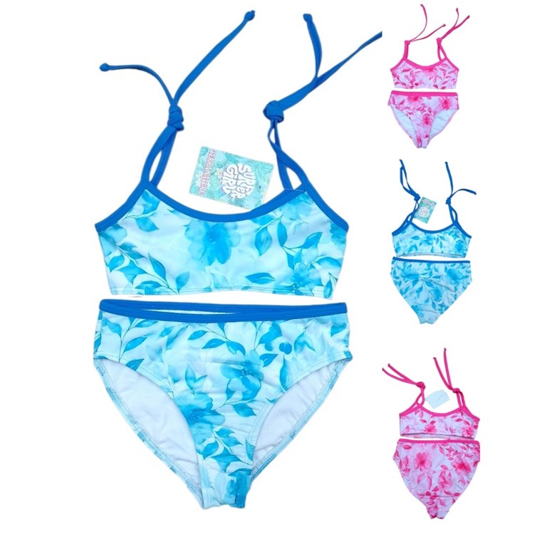 Bikini de nena con top flores acuareladas y breteles con tiritas.Terra Nature