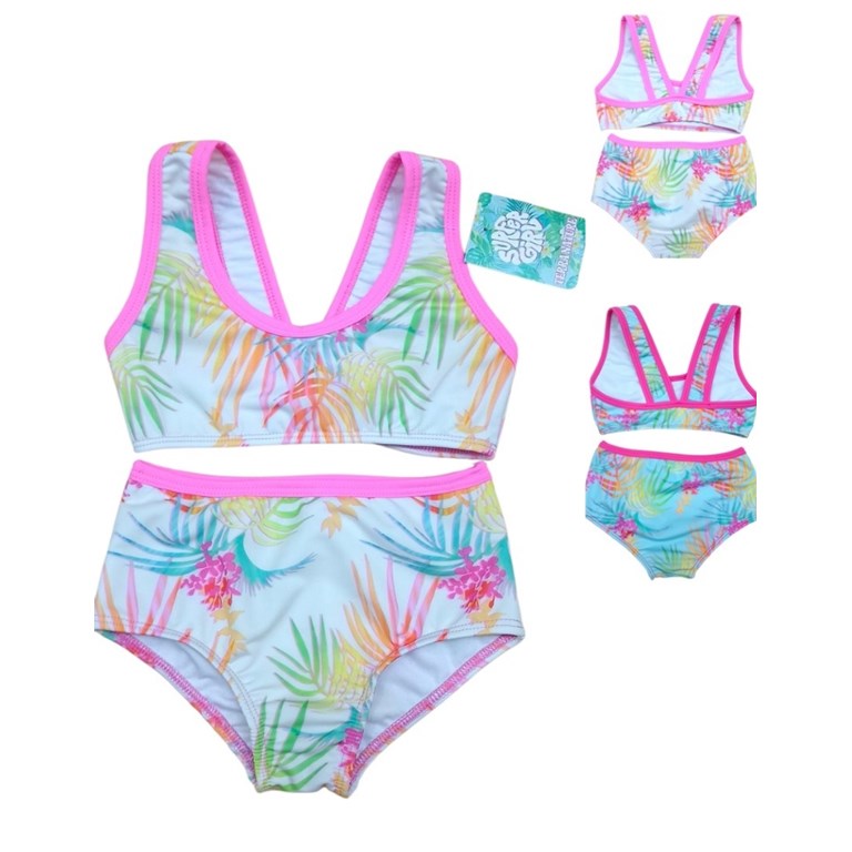 Bikini de nena con top competicion estampada con hojas y palmeras.Terra Nature