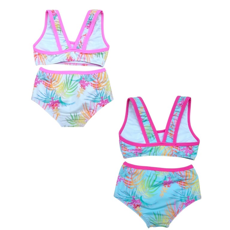 Bikini de nena con top competicion estampada con hojas y palmeras.Terra Nature