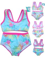 Bikini de nena con top competicion estampada con hojas y palmeras.Terra Nature