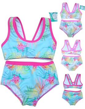 Bikini de nena con top competicion estampada con hojas y palmeras.Terra Nature