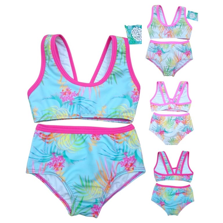 Bikini de nena con top competicion estampada con hojas y palmeras.Terra Nature