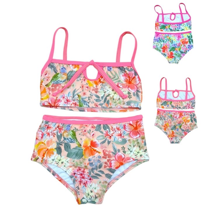 Bikini de nena con top estampado flores con vivo color con tiras.Terra Nature