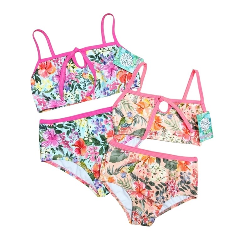 Bikini de nena con top estampado flores con vivo color con tiras.Terra Nature