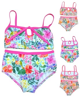 Bikini de nena con top estampado flores con vivo color con tiras.Terra Nature