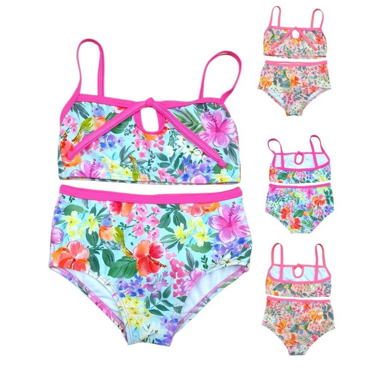 Bikini de nena con top estampado flores con vivo color con tiras.Terra Nature