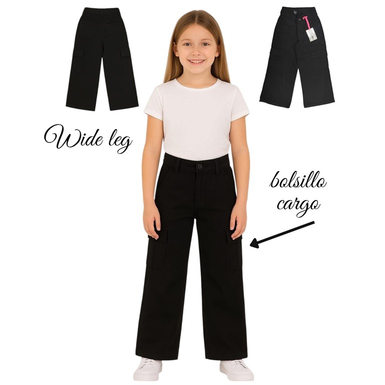 PANTALON DE NENA JEAN NEGRO LEG CARGO COMPACTO