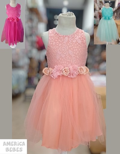 VESTIDO CORTEJO NIÑA CON PECHERA DE BRODERIE DOBLE FALDA CON TUL Y CINTURA CON FLORES COLORES DISPONIBLES: SALMON, AQUA, BLANCO, ROJO, NATURAL, FUCSIA. CHILDREN DIOR
