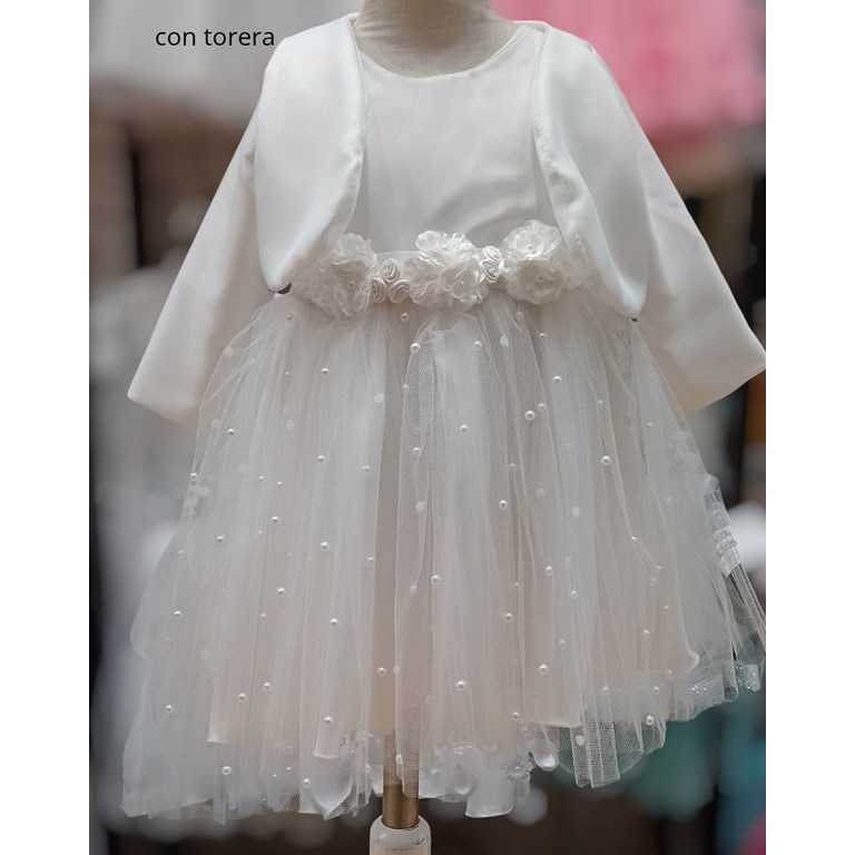 VESTIDO + CASACA BAUTISMO SIN MANGA CON FALDA DE TUL PERLADO. CHILDREN DIOR