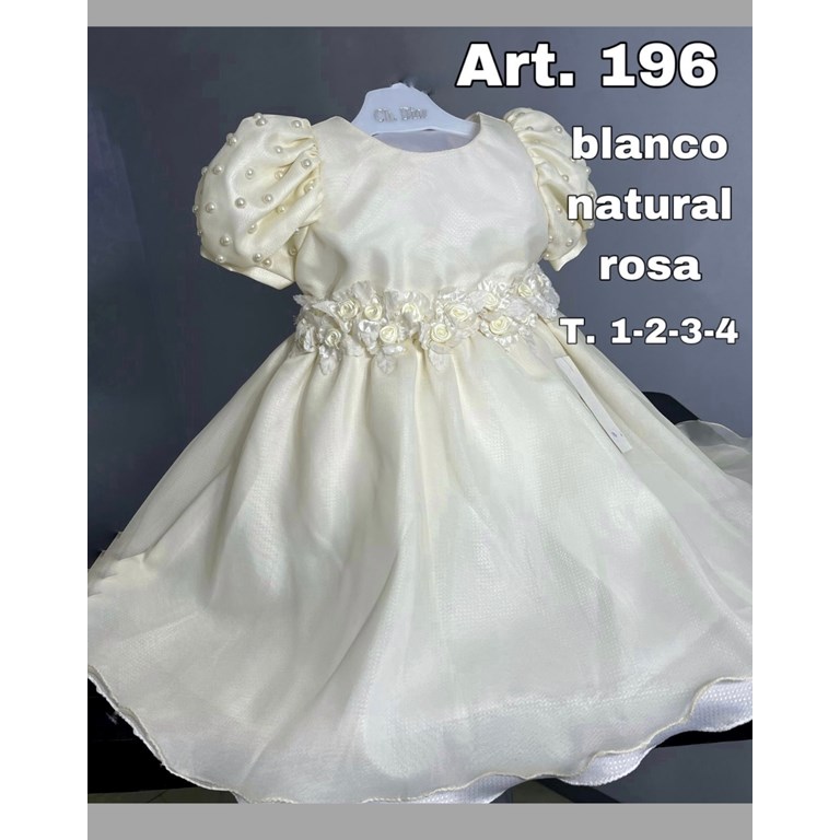 VESTIDO BAUTISMO TODO ORGANZA. MANGA CORTA CON PERLAS Y FAJA DE FLORES EN CINTURA. CHILDREN DIOR