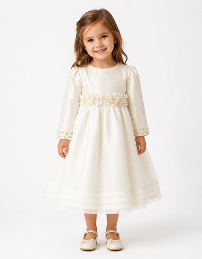 VESTIDO MANGA LARGA, PECHERA LAMINADA, FALDA DE ORGANZA CON ALFORZAS. FAJA CON BOUQUET. CHILDREN DIOR