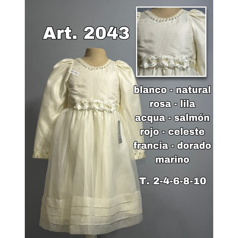 VESTIDO MANGA LARGA, PECHERA LAMINADA, FALDA DE ORGANZA CON ALFORZAS. FAJA CON BOUQUET. CHILDREN DIOR
