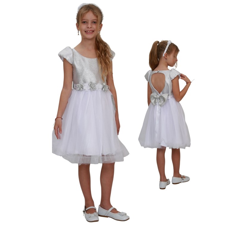 VESTIDO MANGA CORTA, PECHERA DORADA O PLATEADA CON FALDA DE TUL, CON MOÑO EN ESPALDA. CHILDREN DIOR