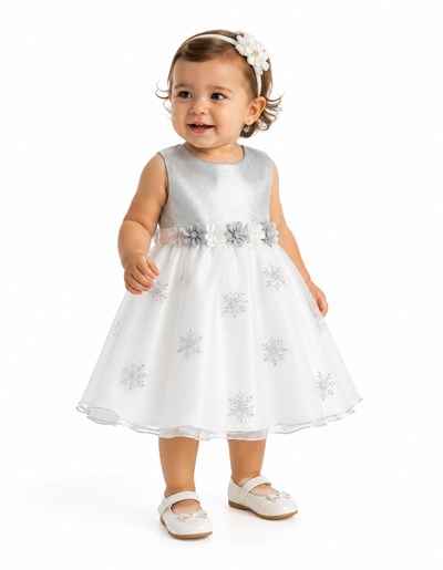VESTIDO BAUTISMO CON CASACA PECHERA GASA CRISTAL , FALDA CON TULL BORDADO EN PLATEADO. CHILDREN DIOR