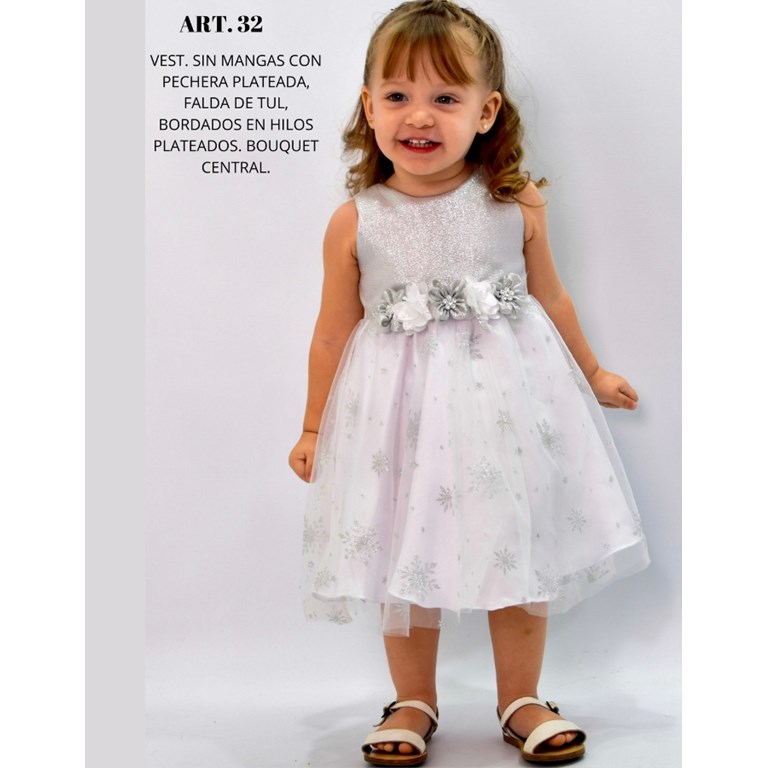 VESTIDO BAUTISMO CON CASACA PECHERA GASA CRISTAL , FALDA CON TULL BORDADO EN PLATEADO. CHILDREN DIOR